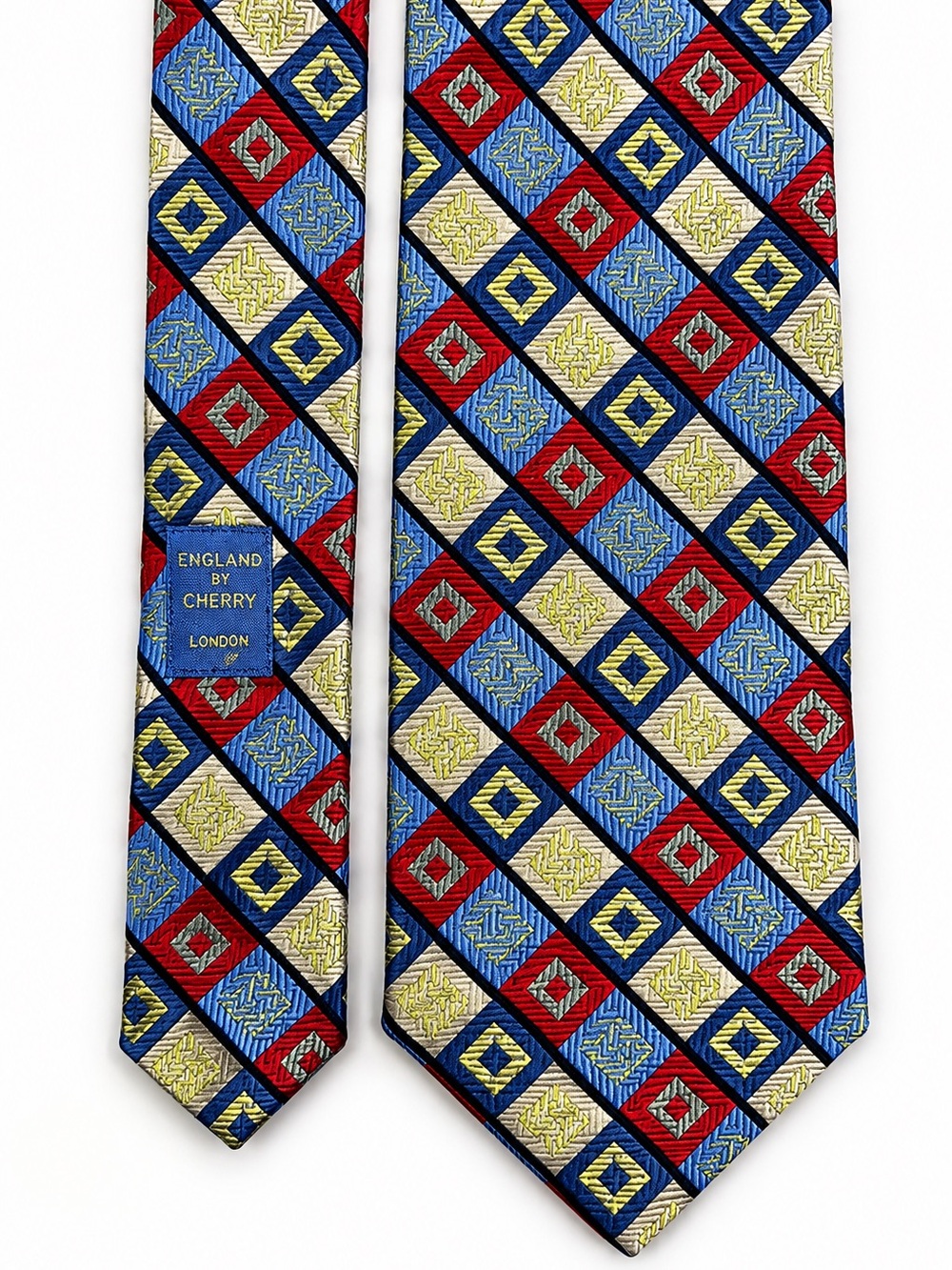 Holland & Sherry London 1836 100%‎ Silk Necktie Red Blue Cream Geometric